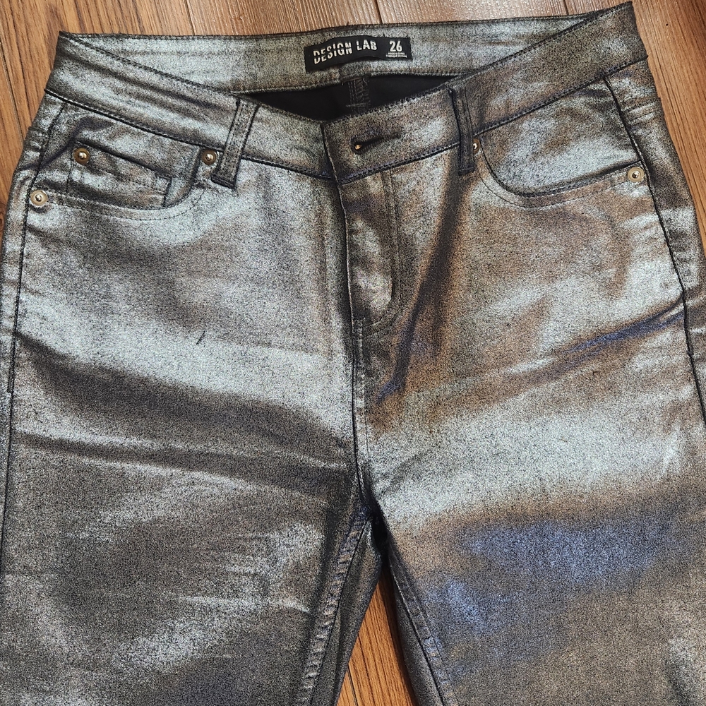 Design Lab Lord & Taylor Silver Skinny Jeans Metallic Finish